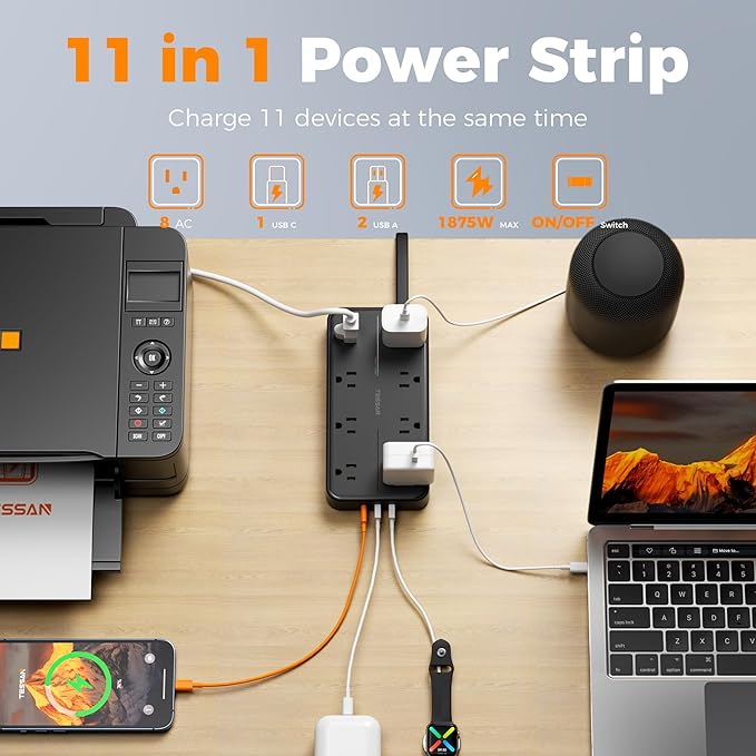 2000J Surge Protector Power Strip, TESSAN 5 FT Extension Cord with Multiple Outlets Flat Plug, 3 USB (1 USB C) and 8 AC Outlets, Wall Mount USB Charging Station for Home Office Supplies, Black