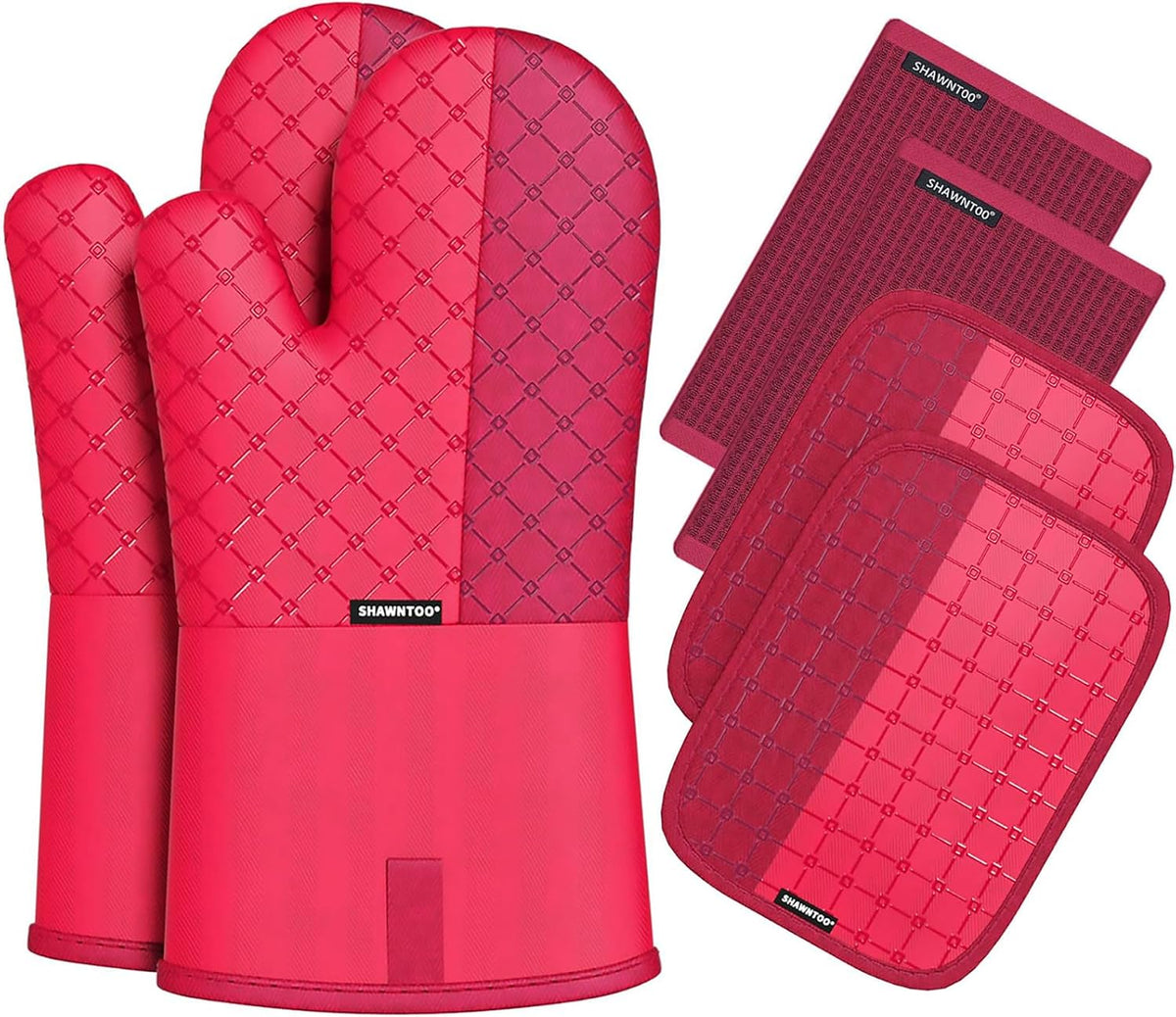 Oven Mitts and Pot Holders Sets 6pcs, Kitchen Oven Glove,High Heat Resistant 550 Degree Extra Long Oven Mitts and Potholders with Non-Slip Silicone Surface for Home Essentials (Grey) (Passion Red)