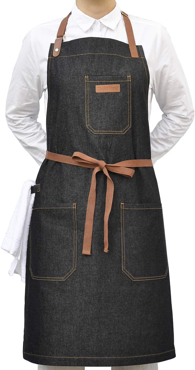Denim Chef Apron with Pockets, Mens Womens Professional Kitchen Bib Black Apron for Cooking Grill BBQ Server, with Towel Loop and Adjustable Neck Straps