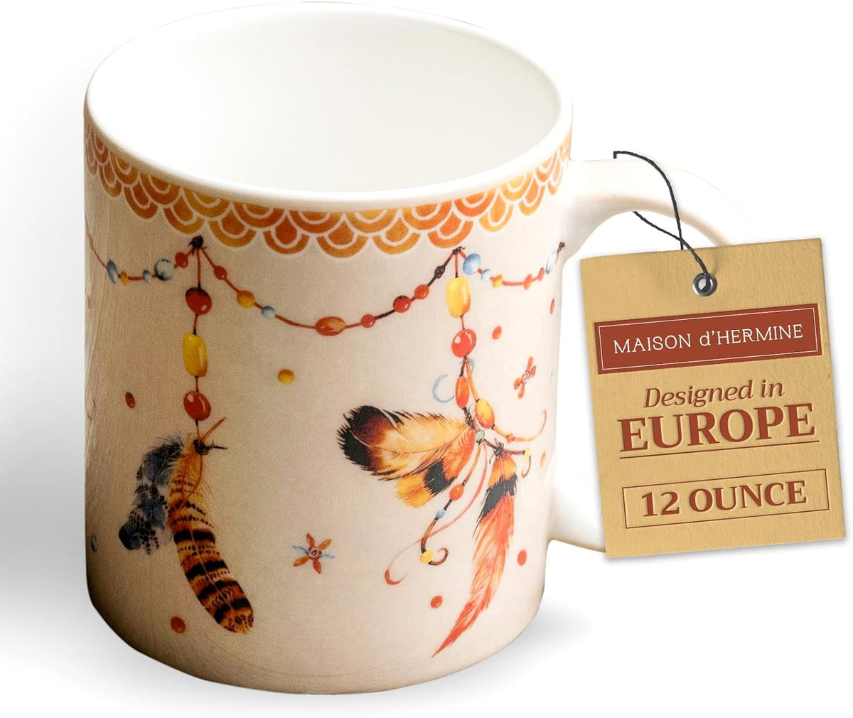 Maison d' Hermine Coffee Mug with Handles Fine Bone China Mugs Pack of One Tea Cups for Hot Beverages Cappuccino Latte Home Restaurant Office Perfect for Gift (Ibiza - Beige - Feather, 12 Ounce)