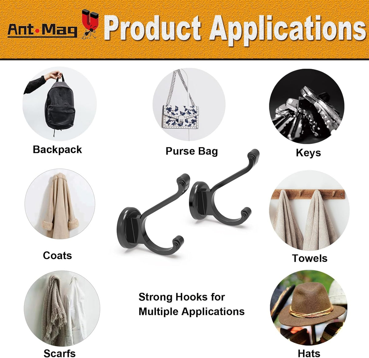 Ant Mag Magnetic Hooks Heavy Duty 140lbs Neodymium Magnet Wall Hooks for Hanging Coats Robes Backpacks Bags Hats Keys Mugs Cups Towels Pack of 4