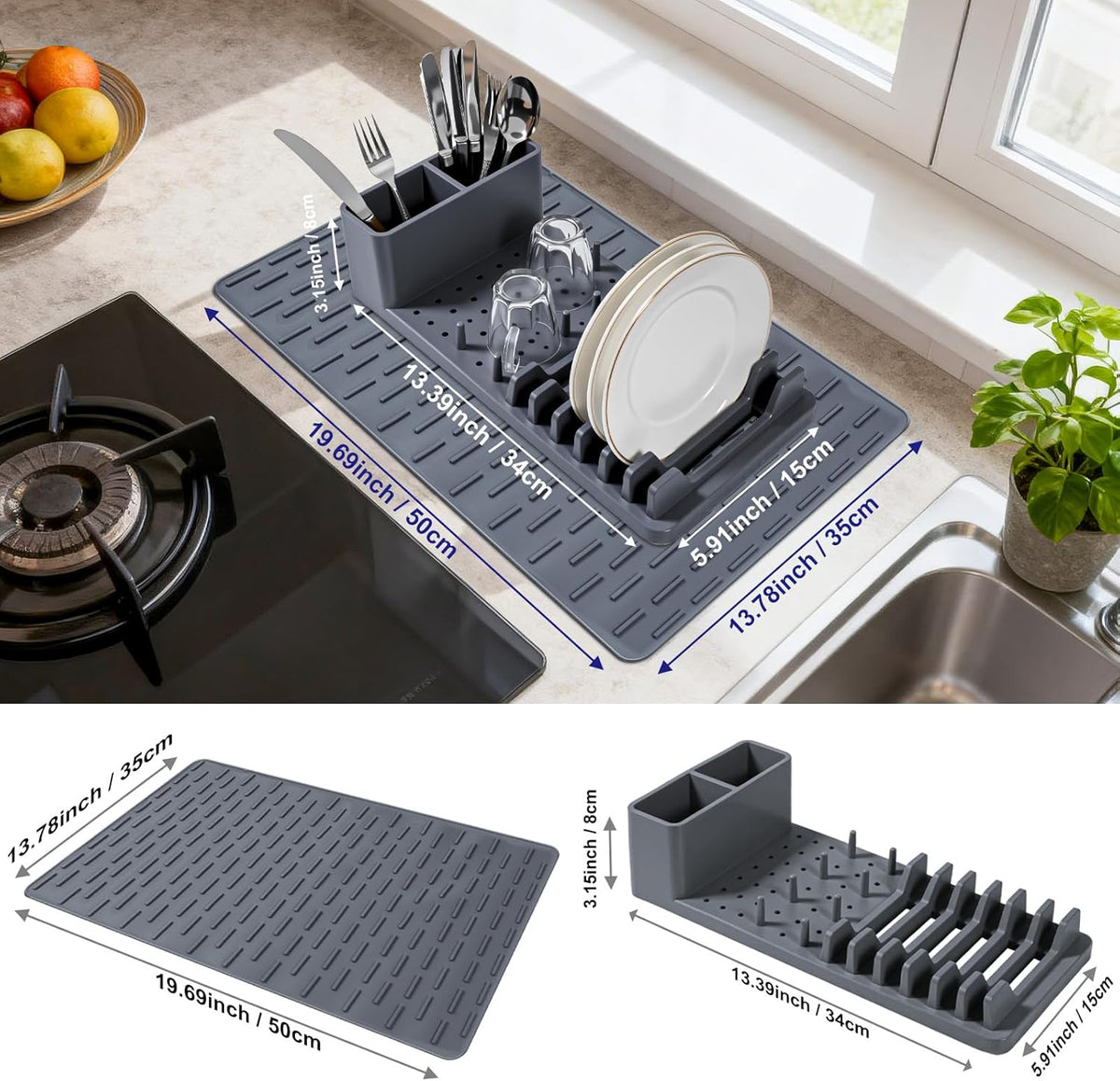 Silicone Dish Drying Rack with Mat - Foldable Space Saving Kitchen Sink Organizer, Countertop Drainer for Dishes Utensils (50x35cm Mat & Detachable Holder)