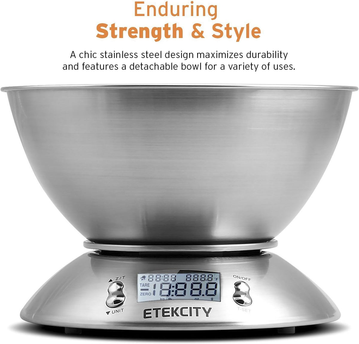 Etekcity Food Kitchen Scale with Bowl, Digital Weight Scale for Food Ounces and Grams, Cooking and Baking, Timer, and Temperature Sensor, 2.06 QT, Stainless Steel
