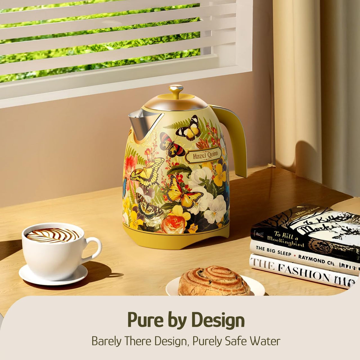 Hazel Quinn X Eduardo Recife Collaboration Electric Kettle - 1.7 Liters (57oz) Stainless Steel Water Kettle, BPA-Free Interior, 1200W Fast Boiling, Cordless, Automatic Shut Off - Floral Printed
