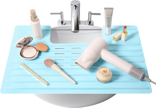 Maplefield Bathroom Sink Cover for Counter Space, Heat Resistant Silicone Sink Mat for Your Beauty Routine, Small Bathroom Space Saver Sink Cover for Makeup (Light Blue Large, 22 x 2 x 2 Inches)
