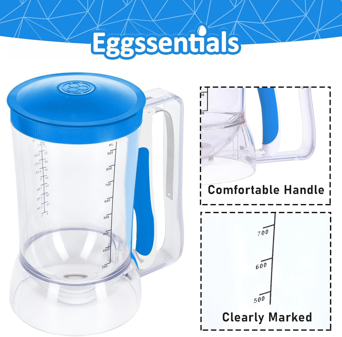Eggssentials Batter Dispenser – Easy Pour Pancake Batter Dispenser for Cupcakes, Muffins, Waffles & Griddle – Kitchen Baking Tool BPA-Free - Blue Color