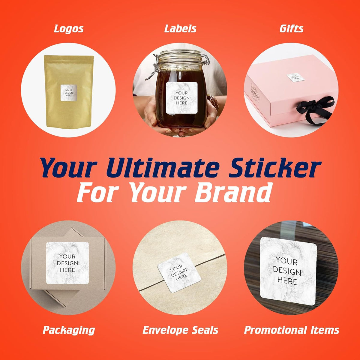 100 Custom Vinyl Stickers - Upload Your own Image, Text, Design, Logo - Personalized Logo Labels for Handmade, Packaging, Bottle, Jars, Candle, Brand Stickers (Silver Marble, 2x2 Square)