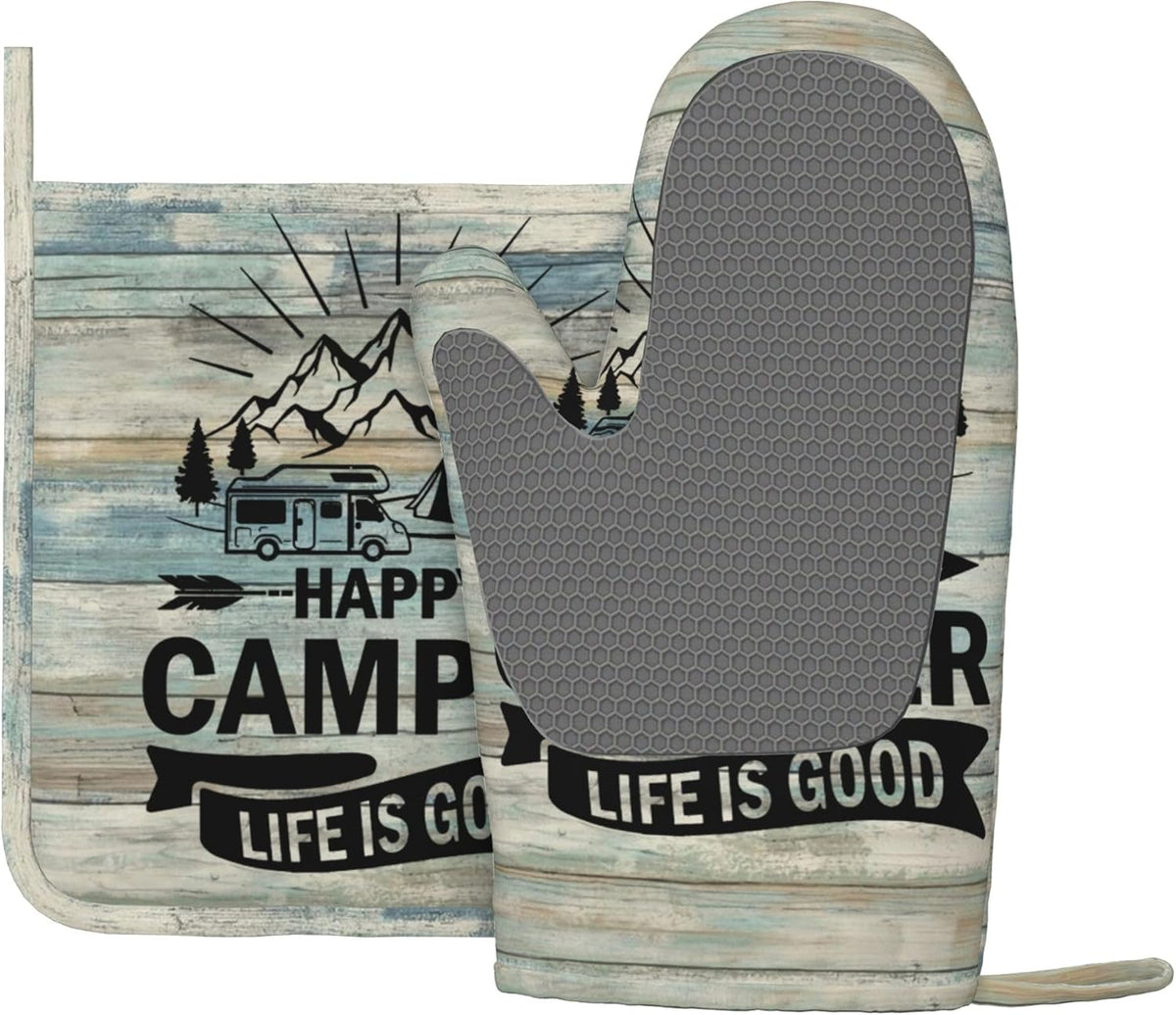 Happy Camper Oven Mitts and Pot Holders Sets of 4,Resistant Hot Pads with Silicone Non-Slip BBQ Gloves for Kitchen,Cooking,Baking,Grilling