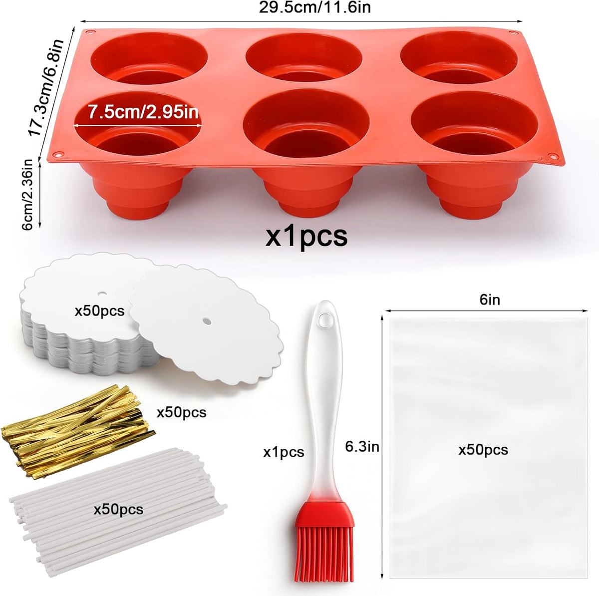 Juome Circle Cake Pop Mold Kit, 6 Cavities Cakesicle Molds Silicone with 100 Sticks & 100 Packaging Bags, Round Cake Pop Maker Supplies Accessories, Baking Tools for Home Baking Desserts