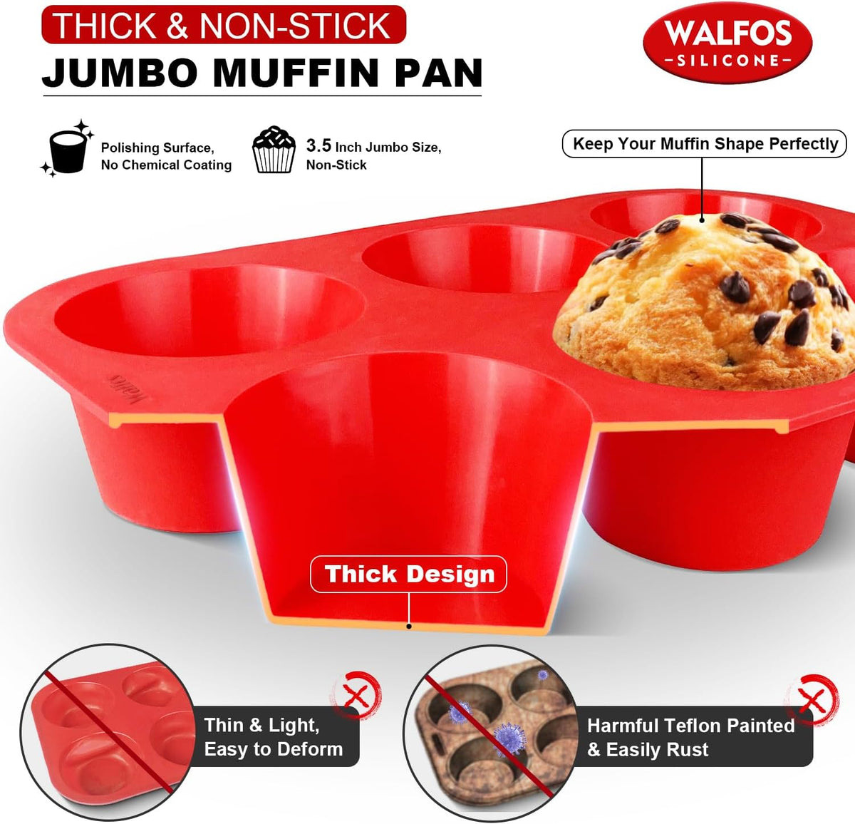 Walfos Silicone Texas Muffin Pan Set- 6 Cup Jumbo Silicone Cupcake Pan, Non-Stick, Just PoP Out! Perfect for Egg Muffin, Big Cupcake - BPA Free and Dishwasher Safe, Set of 2