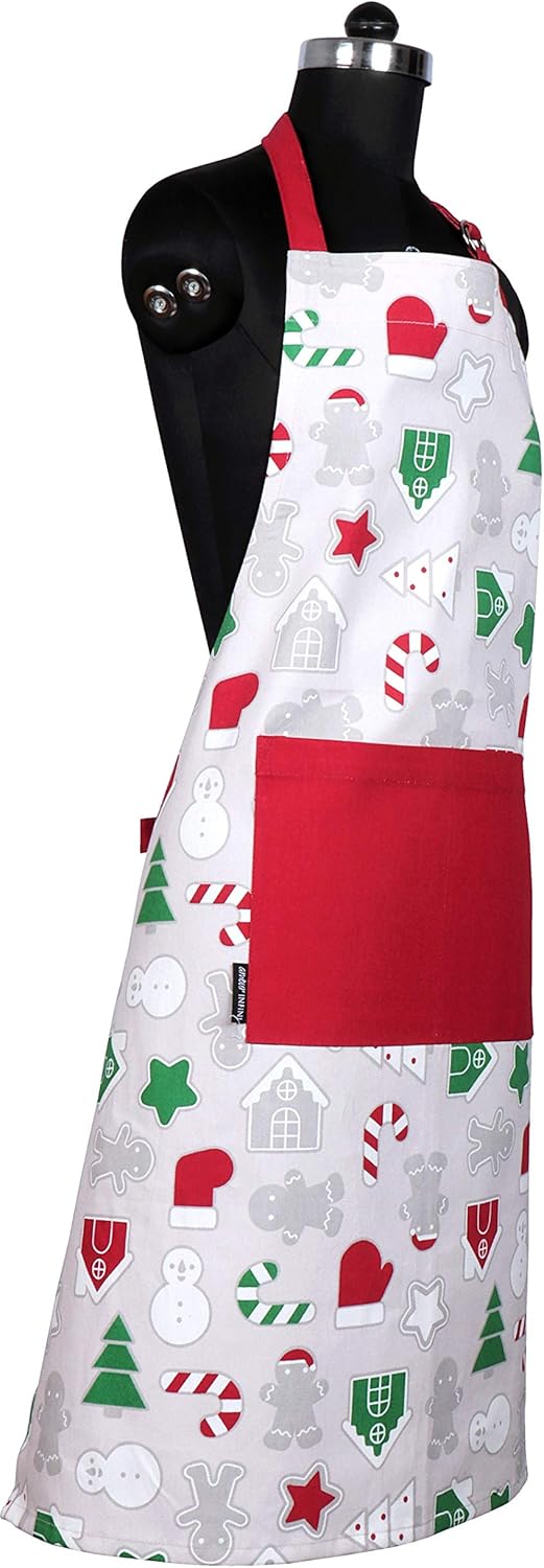 AMOUR INFINI Cotton Aprons for Women with Pocket, Adjustable Strap & Waist Ties - Washable Aprons for Baking, Cooking, Gardening (27.5 x 33 Inches - Christmas Fun)