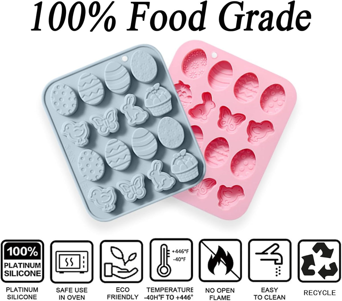 Easter Silicone Candy Molds, 16 Cavity Mini Bunny Egg Butterfly Chick Chocolate Molds Design, Baking Molds for Making Jellies, Soft Candy, Ice Cubes, Wax Melts, Soaps, Resin etc Cake Decor Set of 2