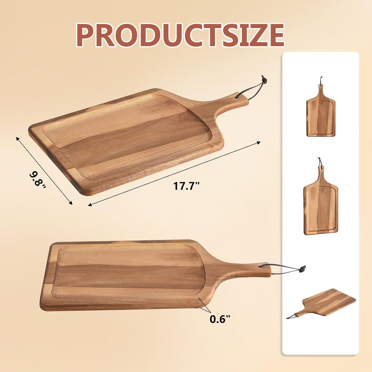Acacia Wood Cutting Board with Handle, Wooden Chopping Board for Pizza Bread Cheese, Charcuterie Boards, Large Cutting Boards for Kitchen Decor, 17.7" X 9.8"