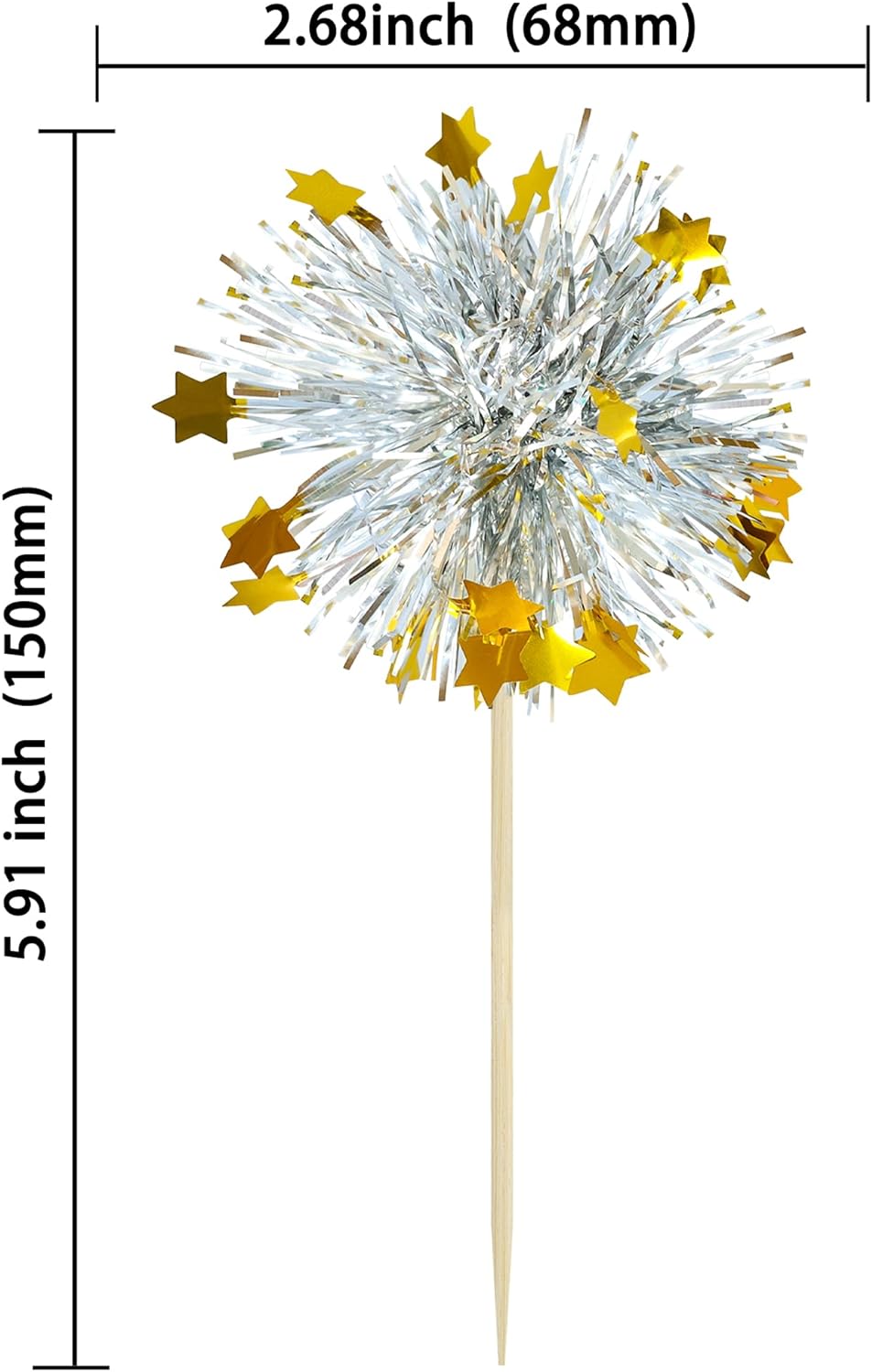 Ephlyn 30Pcs Foil Firework Cupcake Toppers Sparkle Tinsel Cupcake Picks Happy Birthday Cake Decorations Drink Stirrers Cocktail Food Fruit Toothpicks for Baby Shower Graduation Party Supplies Silver