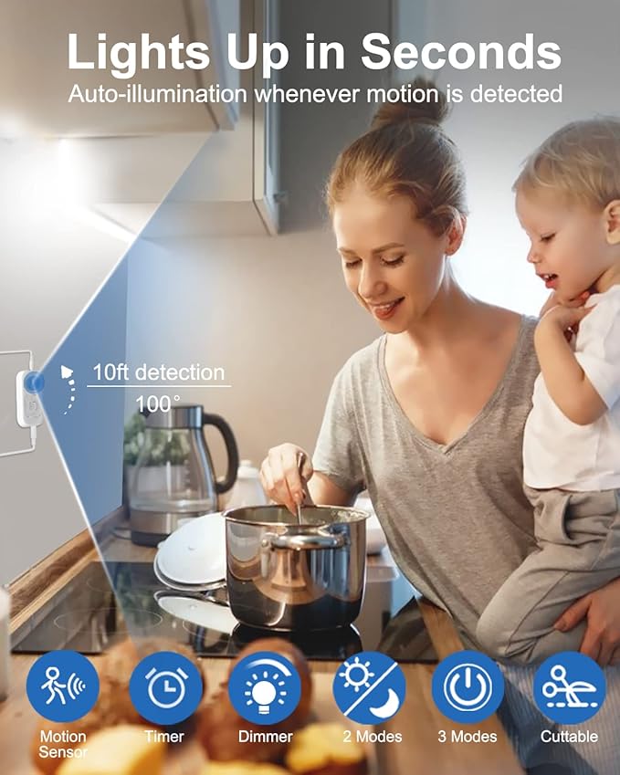 Motion Sensor Led Light Strip - Under Cabinet Lighting with Power Adapter, 6 Adjustable Brightness and Timing, Light Strips for Kitchen Cabinets, Stair, Showcase, Bedroom, 16.4ft 6000K ColdWhite