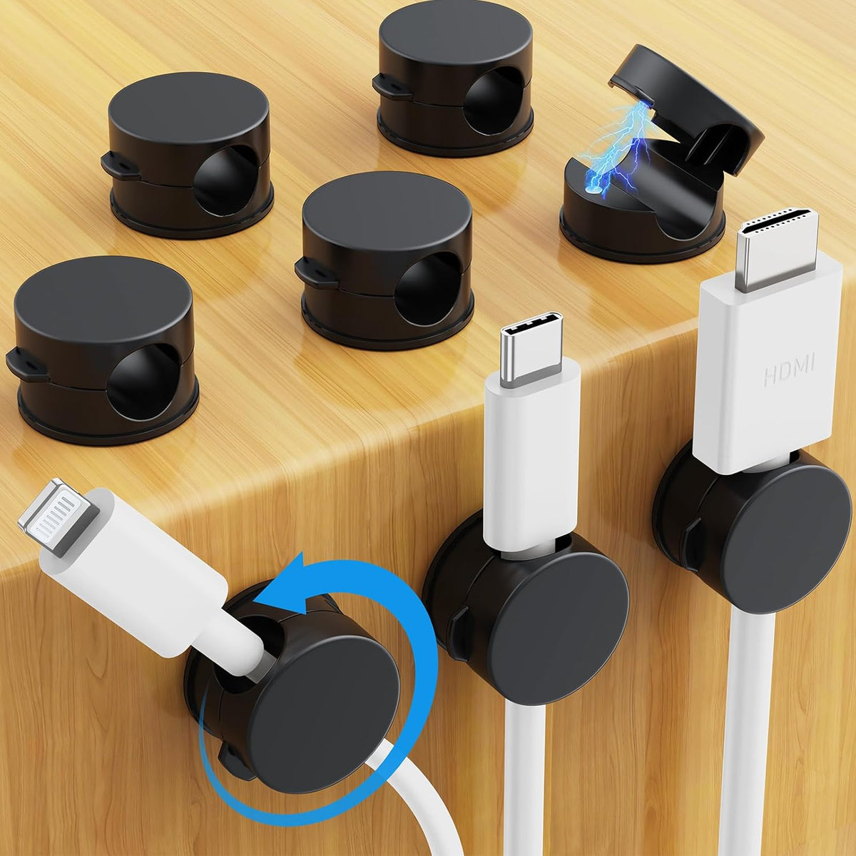 AGPTEK 8 Pack Magnetic Cable Clips, Upgraded 360° Rotatable Cord Holder Clips for Nightstand, Desk Cord Organizer Adhesive Wire Management Home Office Phone Charging Cords USB Cable Keeper (Black)