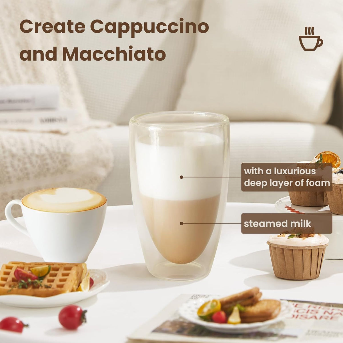 Milk Frother Warmer 3in1 Electric Milk Steamer Stainless Steel Foam Maker, 12oz Hot Cold Frothing, Thick Foam for Macchiatos, Cappuccinos (Black)
