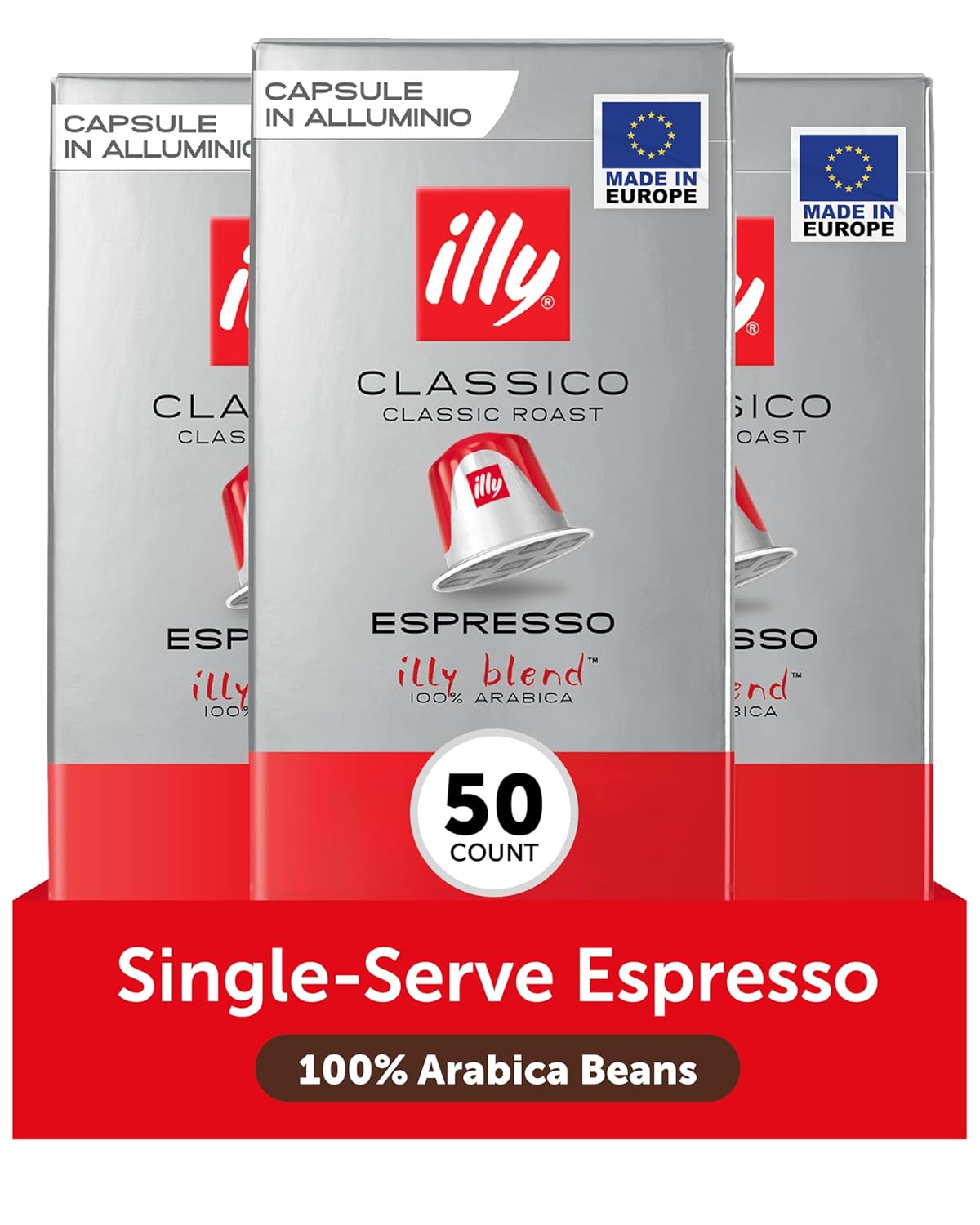 illy Aluminum Espresso Capsules - Compatible with Nespresso Machines - Classico Medium Roast Coffee- Mild&Balanced-Notes of Caramel,Orange Blossom&Jasmine Single Serve Capsules - 10 Count (Pack of 5)