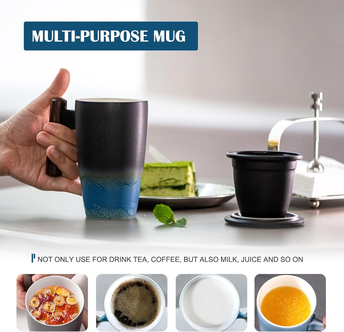 suyika Tomotime Ceramic Tea Cup with Infuser and Lid Tea Mugs Wooden Handle 400ml/13.5oz Black cyan