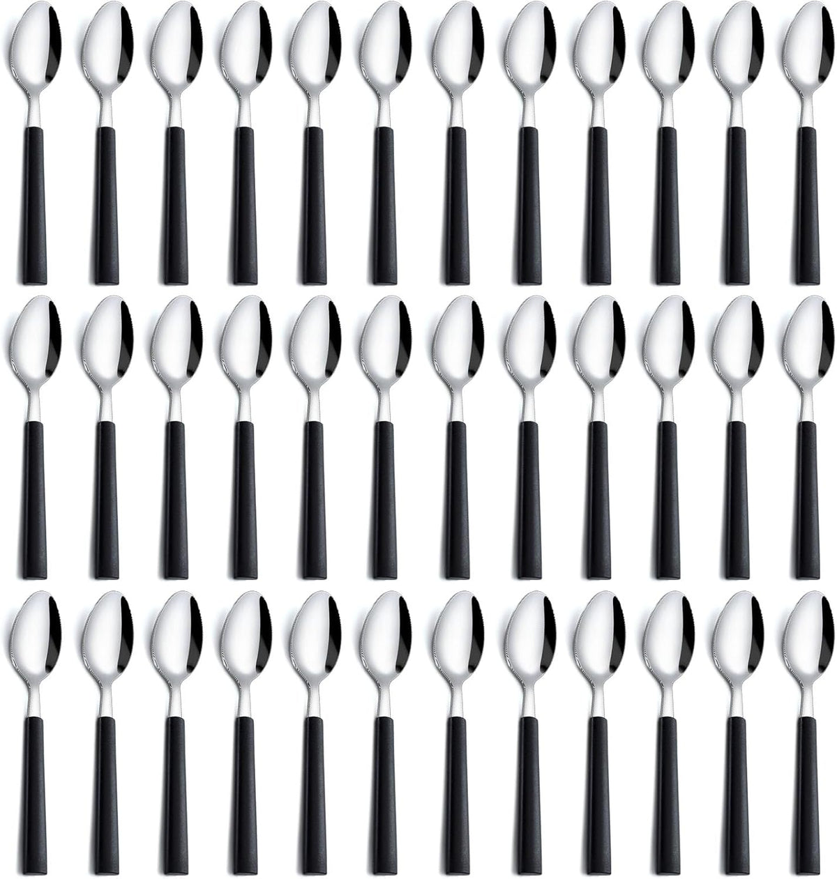 Pleafind 36Pcs Dessert Spoons Set (7.4 inches), Stainless Steel Mirror Polished Spoon with Black Frosted Handle, Spoons Silverware for Home, Kitchen, Restaurant, Dishwasher Safe