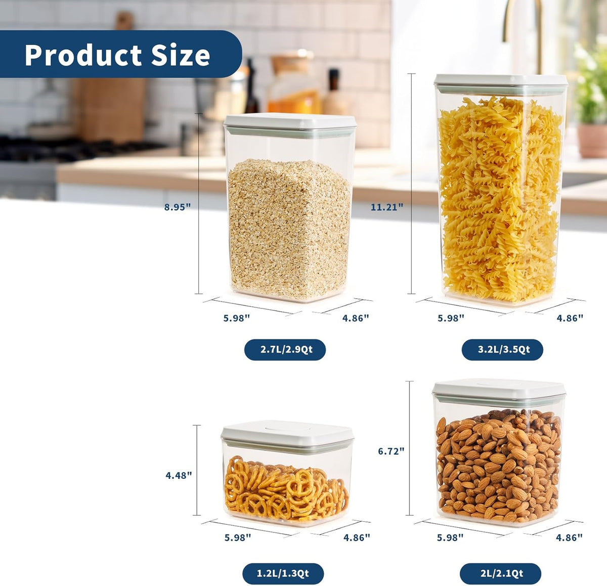 JIMALL Pop Top Food Storage Containers, Stackable Food Containers with Lids Airtight, Leak-proof Containers for Cereal Flour & Sugar, 4 Piece Set-3.5Qt,2.9Qt,2.1Qt,1.3Qt