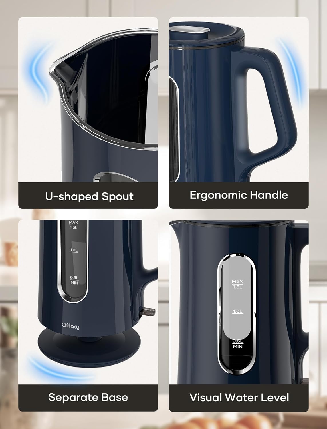 Offacy Electric Kettle, Tea Kettle Pot, Double Wall Glass Inner 1.5L/1200W, Hot Water Kettle Teapot Boiler & Heater with Automatic Shut Off, BPA-Free & LED Indicator Lights (Navy Blue)