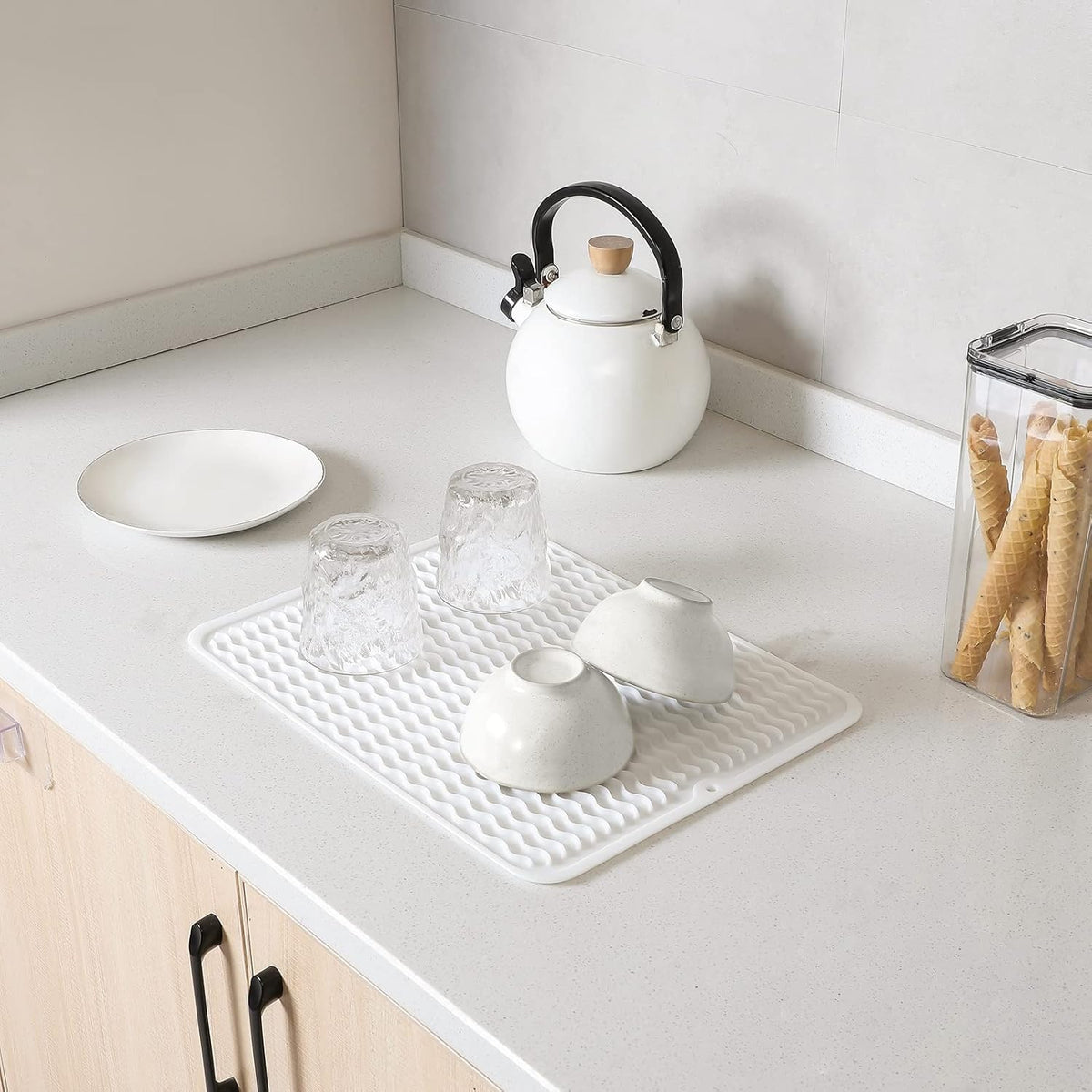 Silicone Dish Drying Mat for Multiple Usage,Easy clean,Eco-friendly,Heat-resistant Silicone Mat for Kitchen Counter or Sink,Refrigerator or drawer liner White L 16 inches x 12 inches