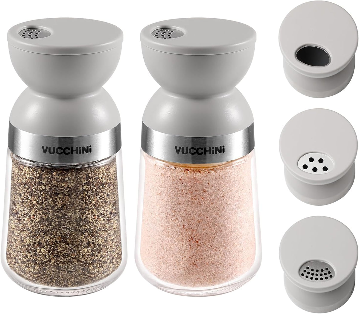 VUCCHINI Salt and Pepper Shaker Set with Lid 3 level Adjustable Pour Holes Seasoning Spice shaker Jar Glass Bottle, Large Salt and Pepper Dispenser Moisture-proof for Kitchen, Cooking (5 oz, Grey)