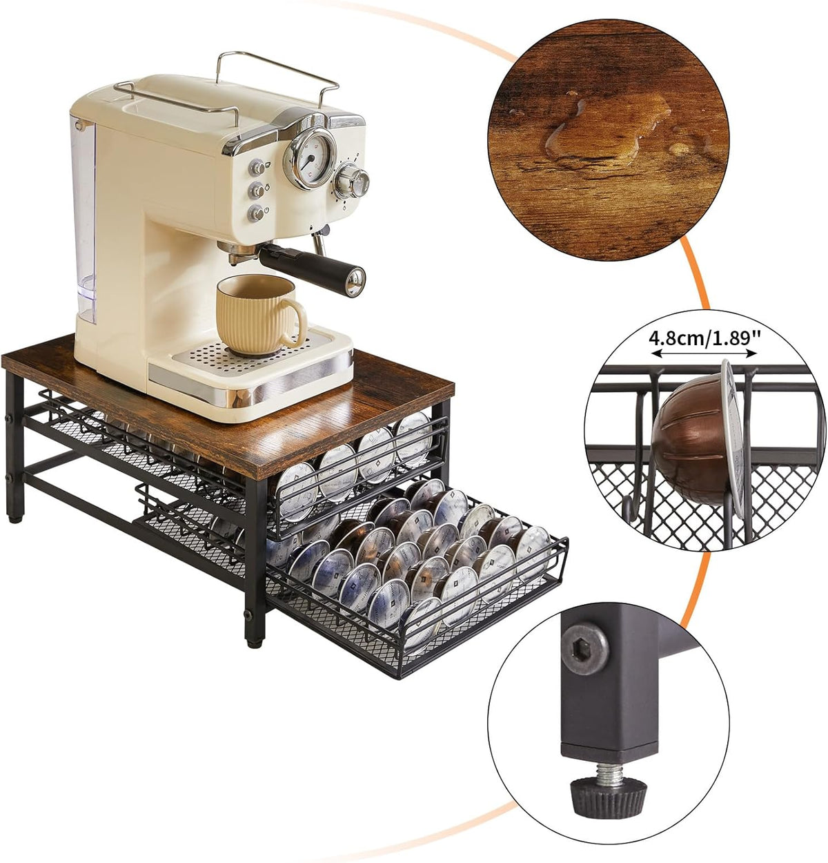 IBUYKE 2-Tie Coffee Pod Drawer Holder,80 Capsule Pods,Compatible for Nespresso Vertuo Pods,Wooden Top and Mesh Shelves,Home Kitchen Counter Coffee Bar Organizer, Rustic Brown,TCJ102H