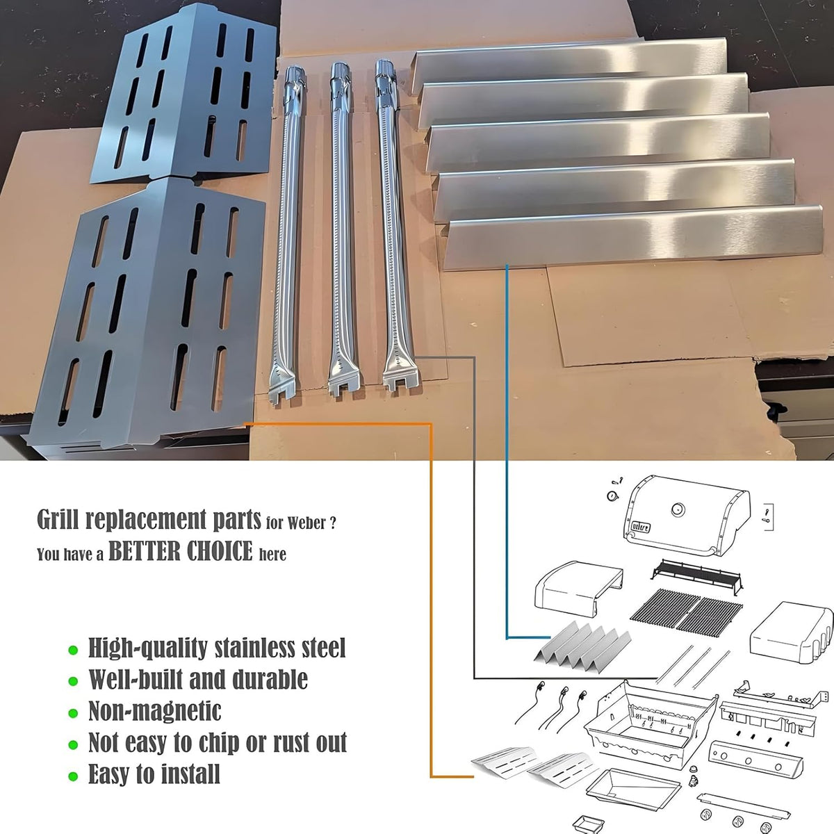 Genesis Grill Parts for Weber E310 E320 E330 EP310 EP320 EP330, 17.5” Flavorizer Bars 7620 Heat Deflector 7622 Burner Tube 62752 for Weber Genesis 300, Grill Replacement Parts for Weber Accessories