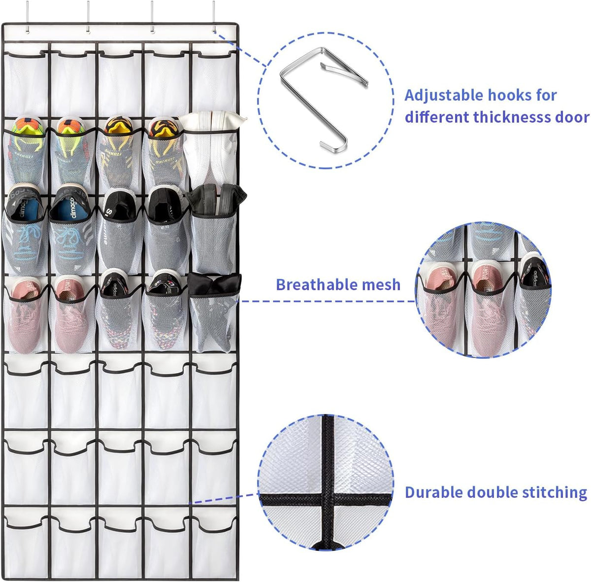 35 Pockets Over the Door Shoe Organizer, Hanging Shoe Organizer for Door with 35 Mesh Pockets Large Capacity Shoe Hanging Storage Bag with 4 Metal Hooks (White-1Pack)