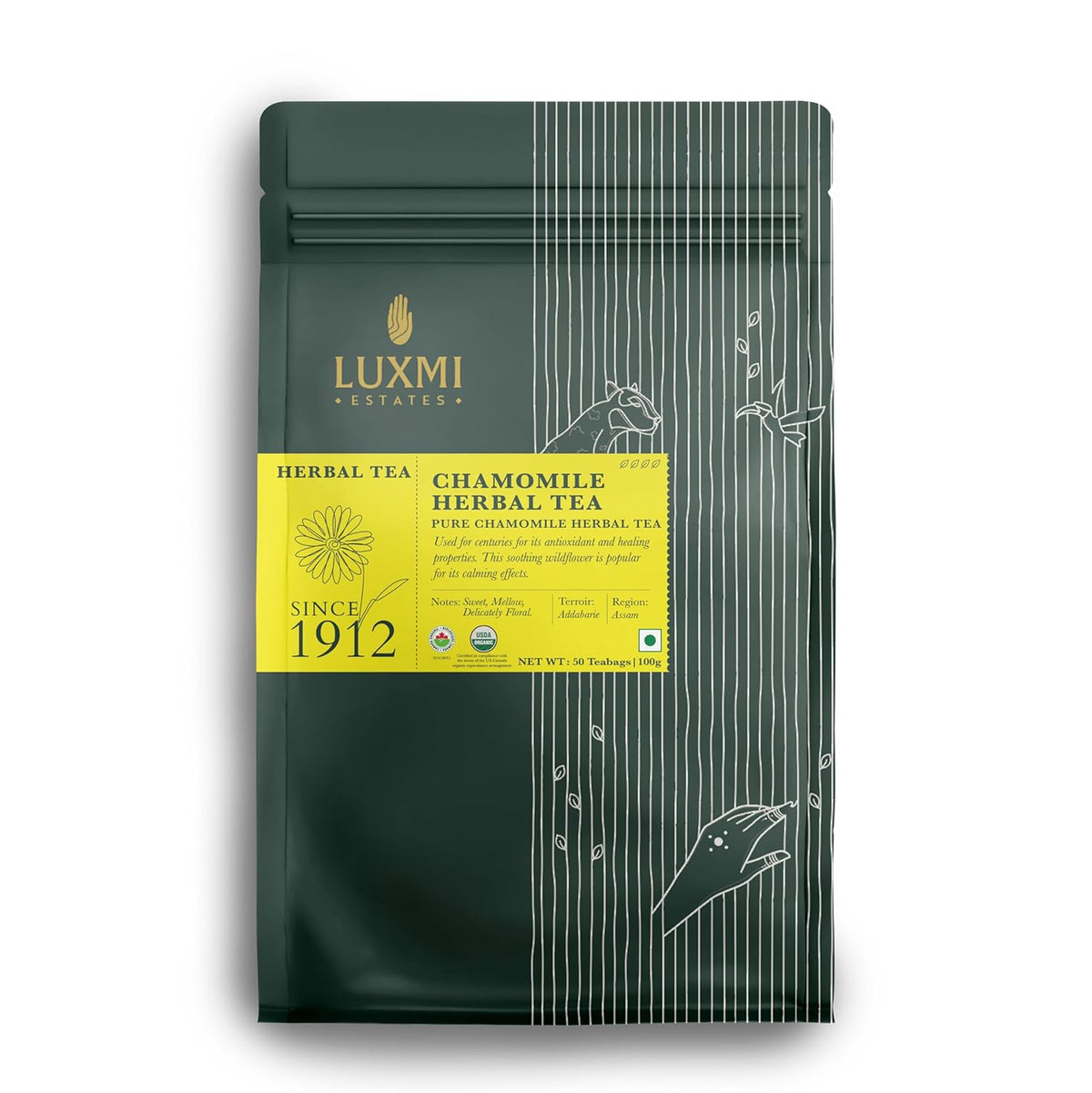 Luxmi Estates Chamomile Herbal Tea, 50 Tea Bags, Herbal Tea, Caffeine-Free, Single Ingredient Pure Chamomile, 50 Cups