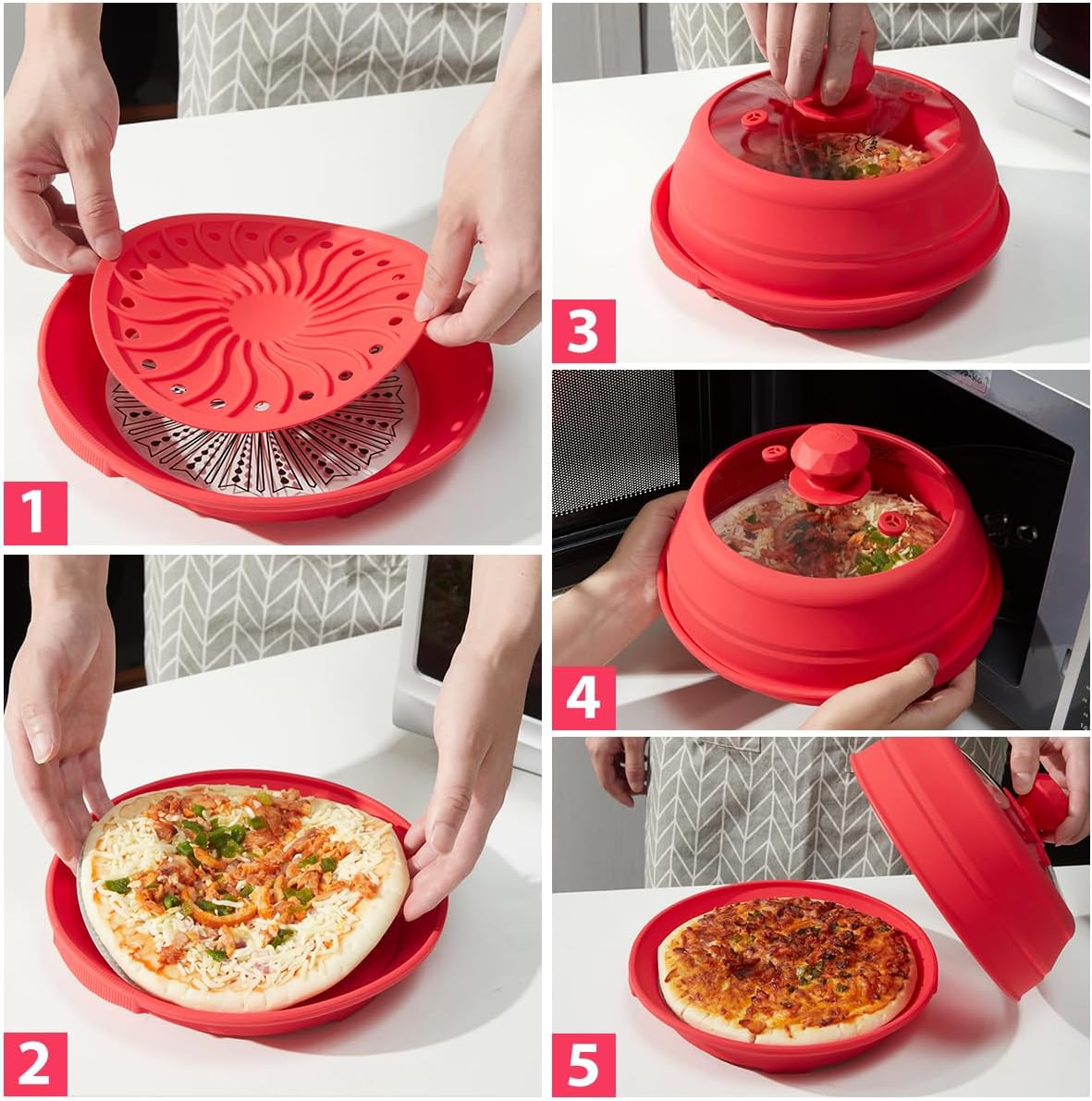 Microwave Splatter Silicone Cover Collapsible, Vented Multifunction Splash Lid with Glass Dish Bowl Plate for Food Cooking Bacon Maker, Dishwasher Safe BPA-Free 9 inch Cookware Set Red