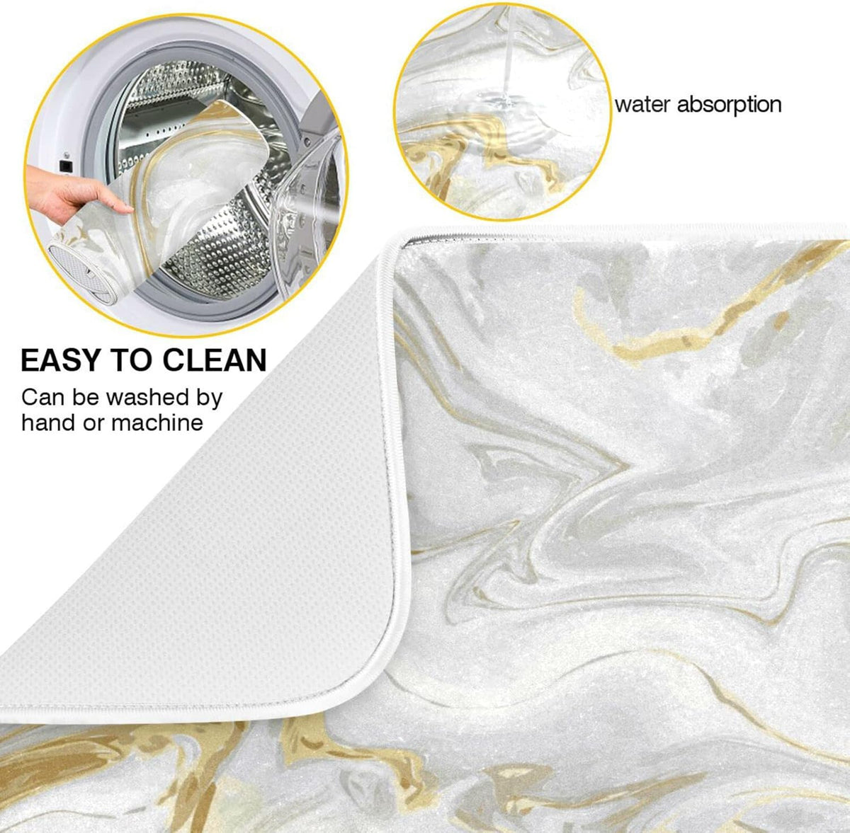 White Grey Gold Marble Fluid Dish Drying Mat for Kitchen Counter Absorbent Microfiber Drying Pad, Large 18x24 in, Reversible Drainer Mats