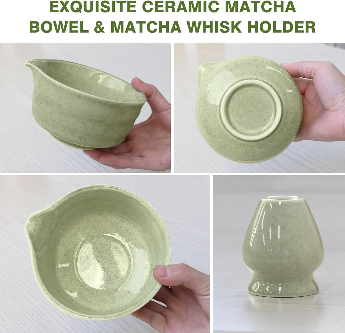 Matcha Whisk Set, Japanese Tea Set includes Matcha Bowl with Spout, Matcha Whisk and Holder, Bamboo Matcha Scoop - 4 Pcs Ceremonial Grade Matcha kit for Matcha Tea Lovers (Jade Green)