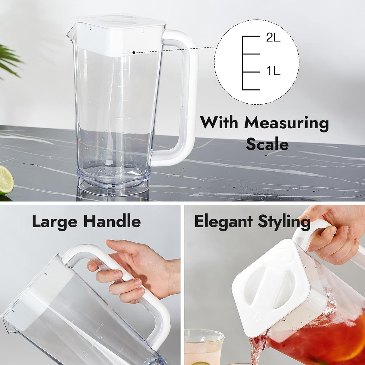 CURTA 1 Pack 2 Liters/68 oz Plastic Square Pitcher with Lid & Handle for Kitchen,ICED JUICE and Coffee Carafe Beverage Serveware, Acrylic Water Jug for Hot/Cold Drinks&lemonade