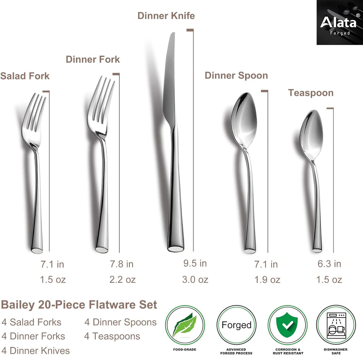 Alata Bailey 20-Piece Forged Silverware Set Stainless Steel Flatware Set,Service for 4,Mirror Polished Cutlery Set,Dishwasher Safe…