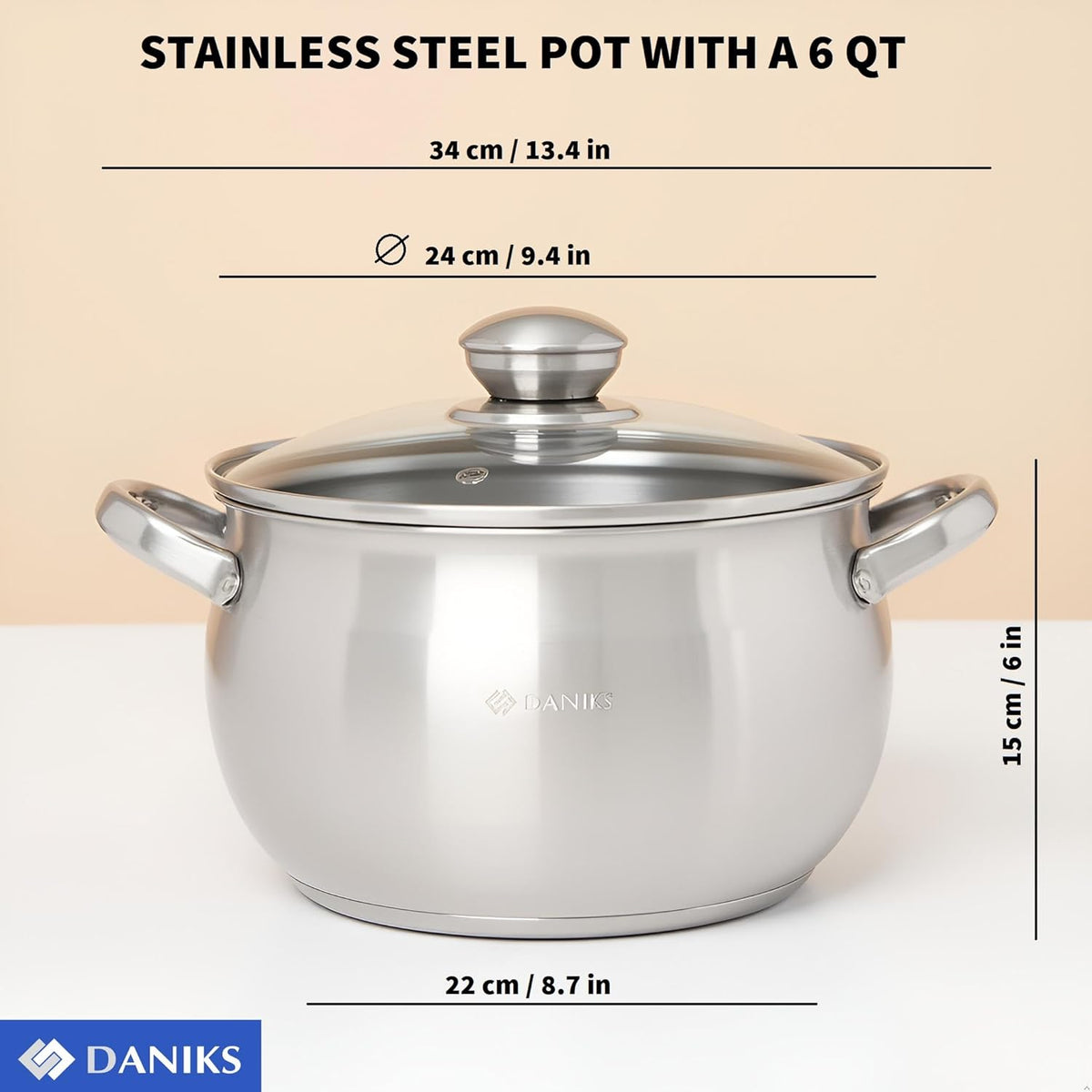 Daniks Classic Stainless Steel Stock Pot with Glass Lid – Induction 6 Quart, Dishwasher Safe, Measuring Scale, For Soup, Pasta, Stew, Silver