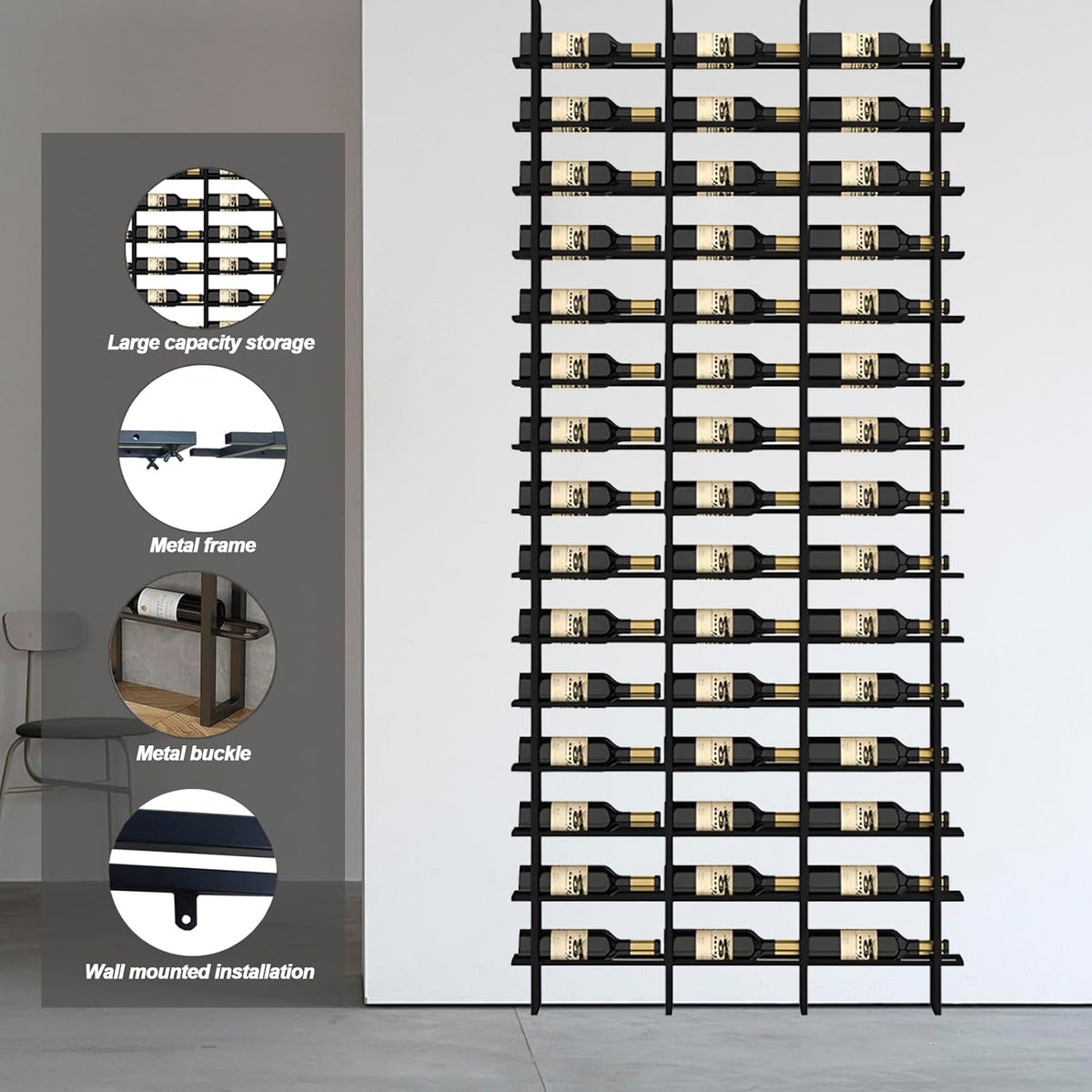 Wine Rack Freestanding Floor, 16 Tier 80 Bottle Capacity Display Holder, Black Industrial Wine Bottle Storage Shelves, for Any Bar, Wine Cellar, Kitchen, Dining Room (Black, 5 Column)