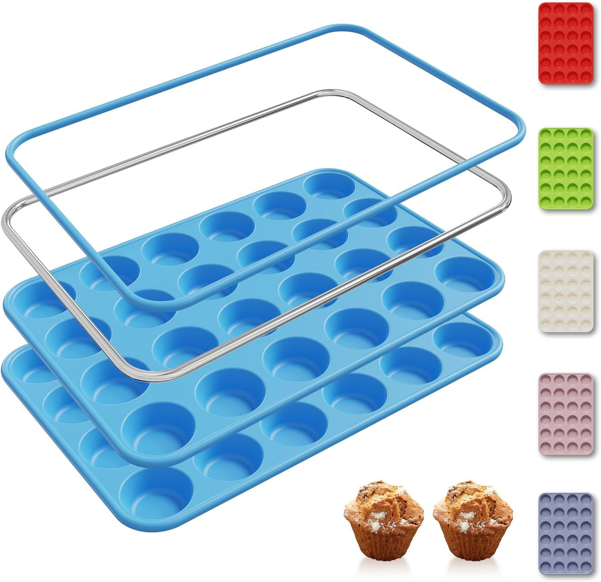 2 Pack 24 Cups Mini Muffin Pan with Metal Reinforced Frame Silicone Molds Baking Pans Molde Silicona Para Reposteria Tart Pans for Baking Mini Moldes Para Pasteles Molde Para Flan