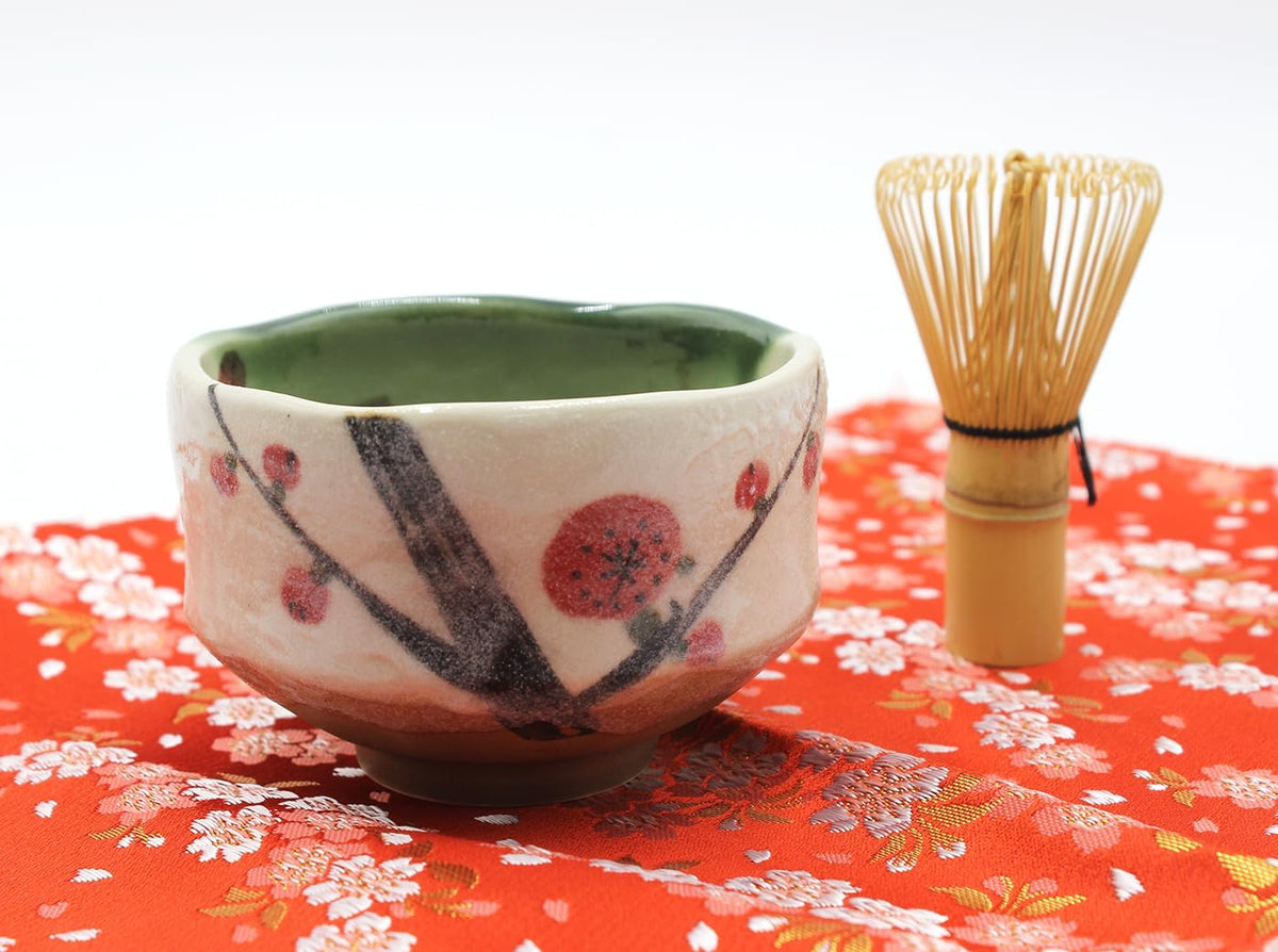 Japanese Traditional Mino Ware Handcrafted Mini Matcha Chawan Tea Bowl Cup Set with Chasen Bamboo Tea Whisk Ceremony Tableware Pottery (Oribe Ume)