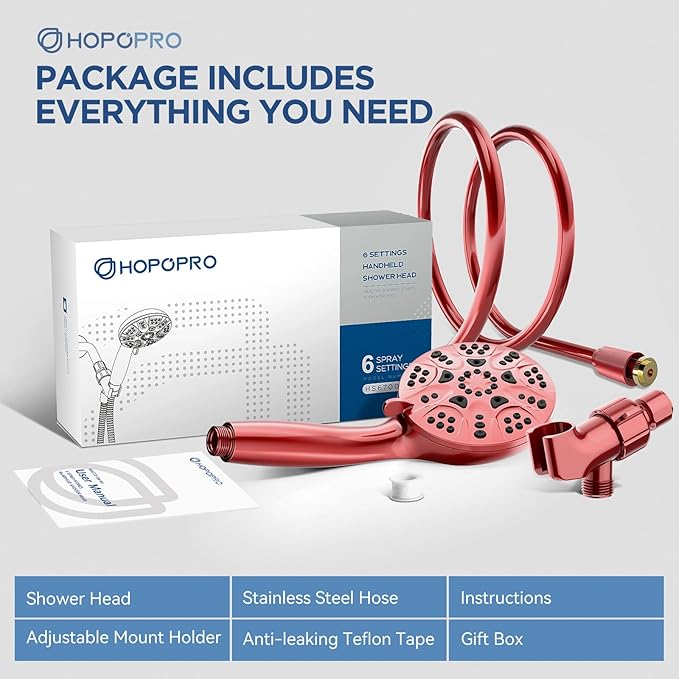 6-Mode High Pressure Handheld Shower Head Set, Consumer Reports Recommended HOPOPRO High Flow Hand Held Showerhead with 59 Inch Hose Bracket Teflon Tape Rubber Washers