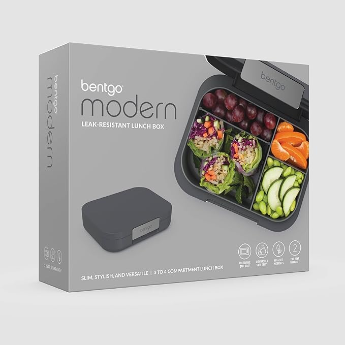 Bentgo Modern - Adult & Teen Bento Lunch Box; 3-4 Compartments, Leak-Resistant, 5.5 Cup Capacity/44 fl oz, Improved Locking Clips, Reusable, BPA-Free, Dishwasher/Microwave Safe Tray (Dark Gray)