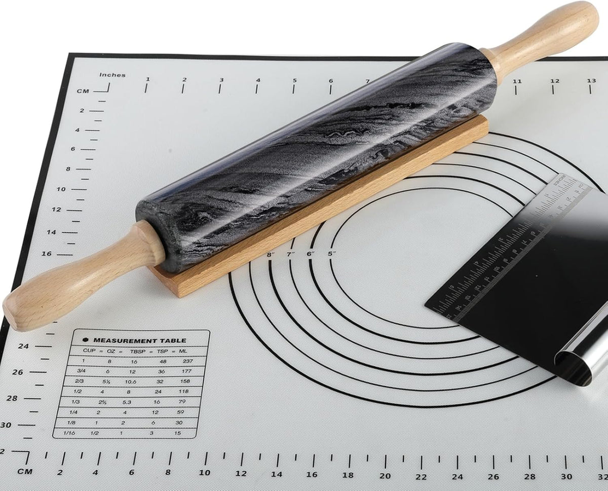 African Natural Marble Rolling Pin, Non-Stick Polished Dough Roller, Pasta, Dumpling, Fondant, Pie Crust, Bread, Pizza Dough, Kitchen Baking Pastry Tools with Mat/Scraper(Monte Grigio)