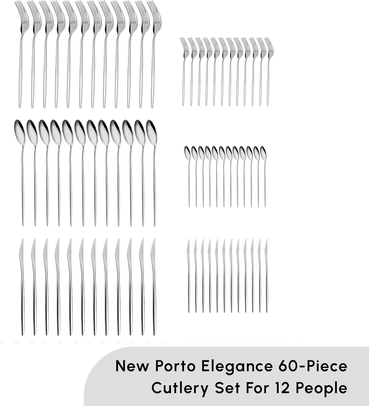 Karaca New Porto Elegance 60-Piece Cutlery Set for 12 People, Tablespoons, Table Forks, Premium Quality, Healthy and Hygienic, Modern Design, Stainless Steel Cutlery Set