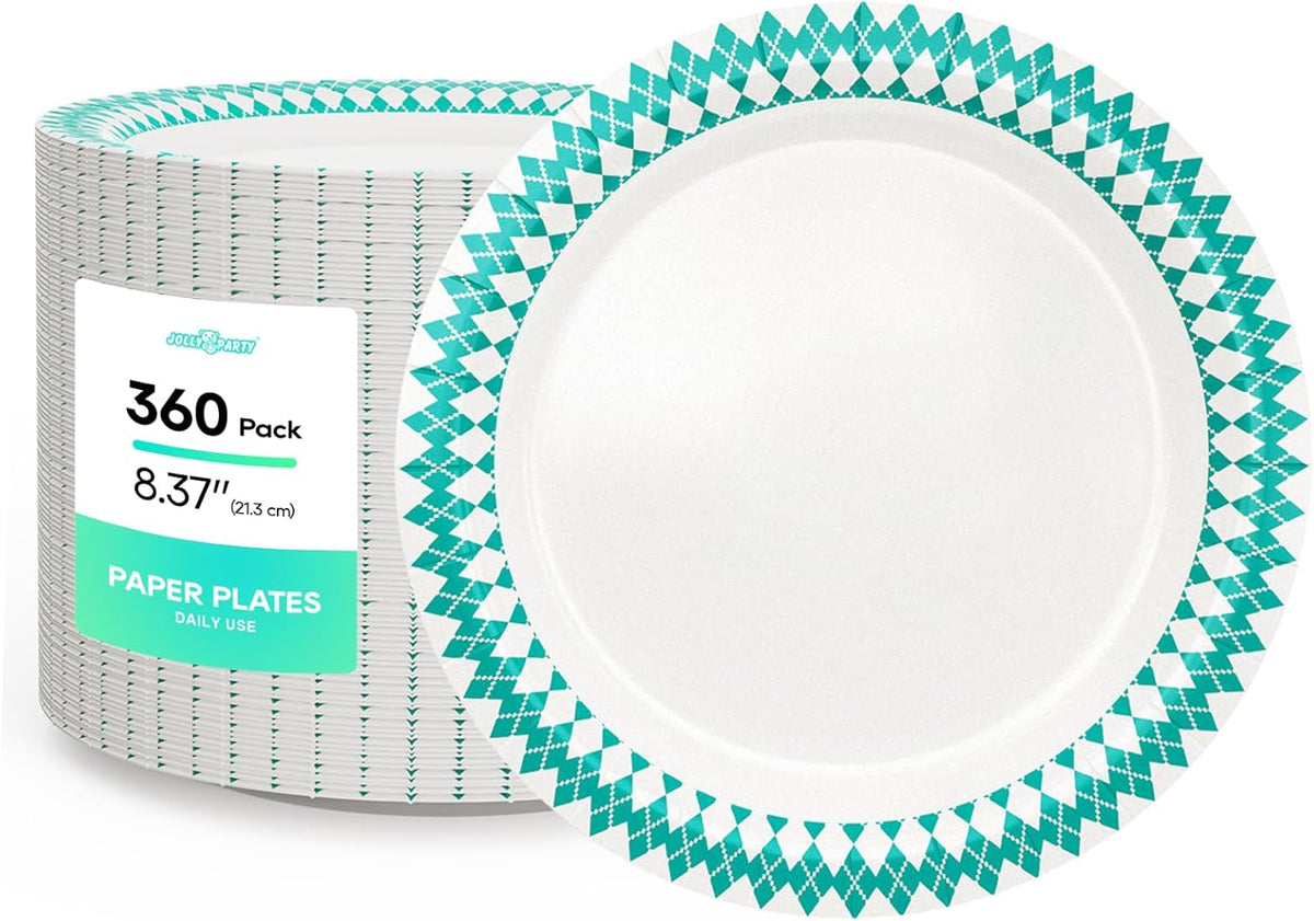 JOLLY PARTY 8.37 inch Disposable Paper Plates, 360 Count Dinner Plates, Soak Proof, Cut Proof for Everyday Use, Blue Diamond Pattern Rim Design