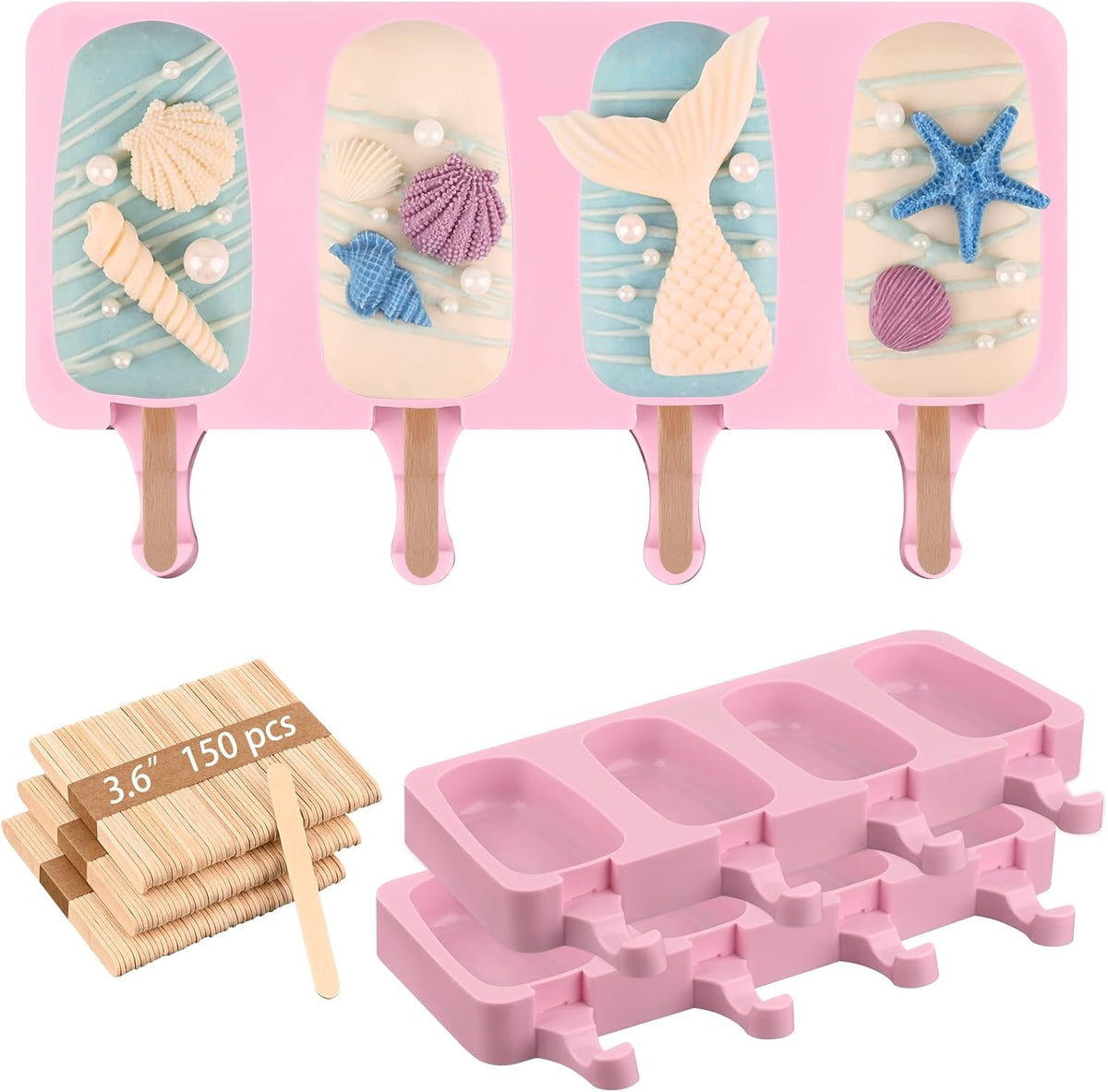 Sakolla Silicone Popsicle Molds Set of 3, Large Oval 4 Cavities Homemade Ice Pop Molds with 150 Wooden Sticks for Ice Cream, Cakesicles, Cake Pop (Pink)