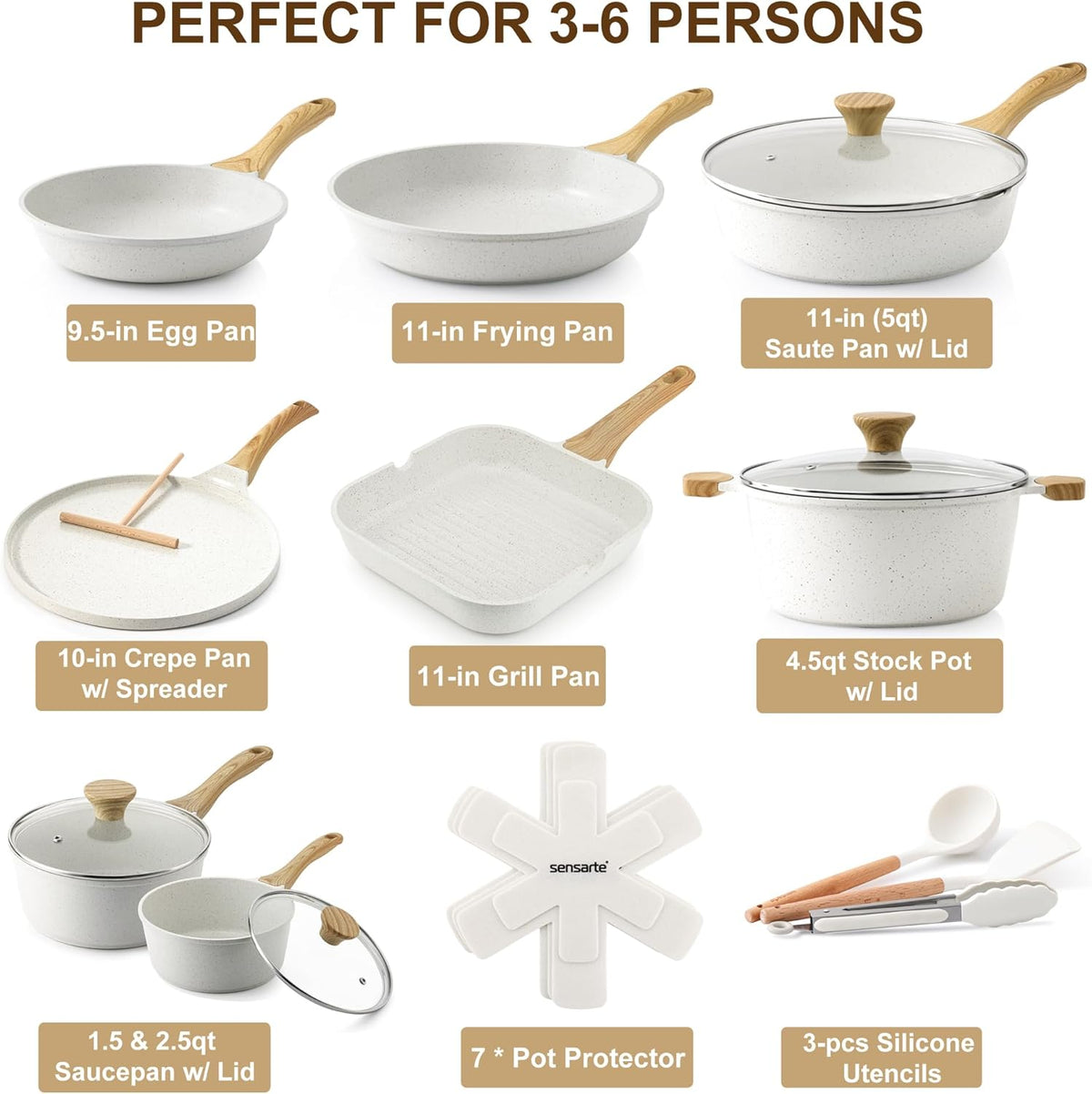 SENSARTE Nonstick Ceramic Cookware Set 23-Piece, Healthy Pots and Pans Set, Non-toxic Kitchen Cooking Set with Stay-Cool Handles, Silicone Utensils and Pot Protectors, PFAS & PFOA Free