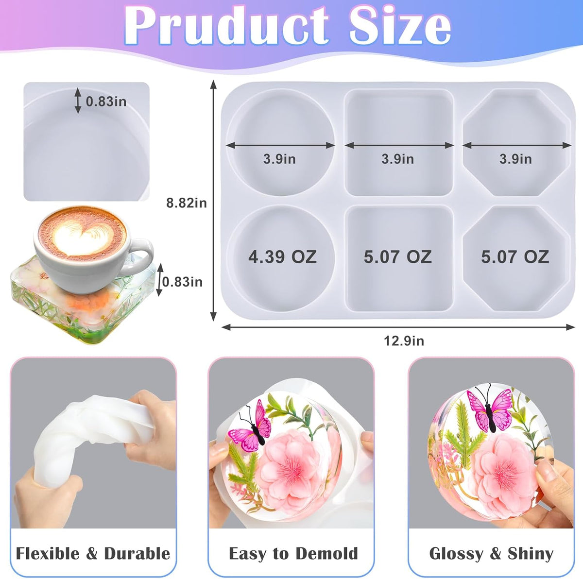 Deep Coaster Resin Molds Silicone Octagon Round Square Silicone Molds for Resin Epoxy Resin Casting Craft Mold for Flower Preservation DIY Art