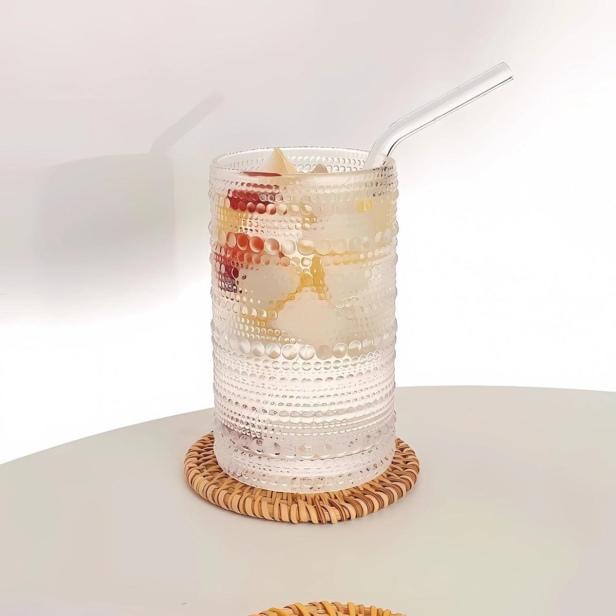 4 Pcs Iced Coffee Glasses Cups with Bamboo Lids and Straws,12 oz Thick Emboss Beaded Drinking Glass Cup Set,Latte Glasses,Ideal for Water,Soda,Gift - with Cleaning Brushe